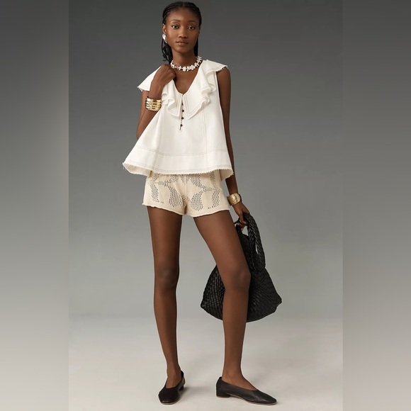 Anthropologie Pilcro Ruffle Neck Linen Swing Blouse Cream Size XS NWT - Picture 2 of 10